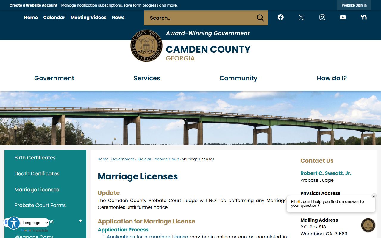 Camden County Probate Court website for Camden County marriage license