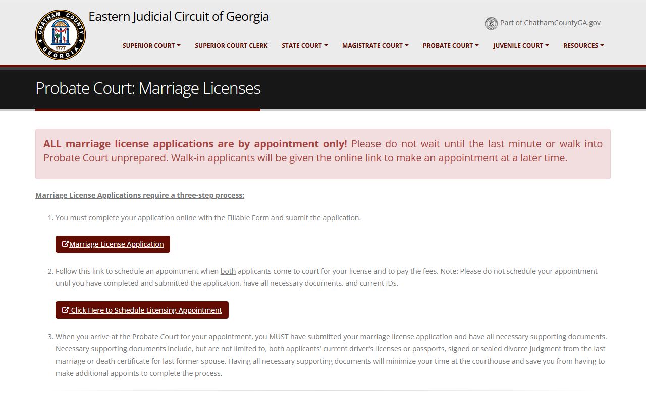 Chatham County Probate Court marriage license appointment information for Chatham County marriage license