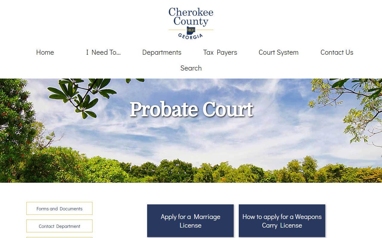 Cherokee County Probate Court website for Cherokee County marriage license