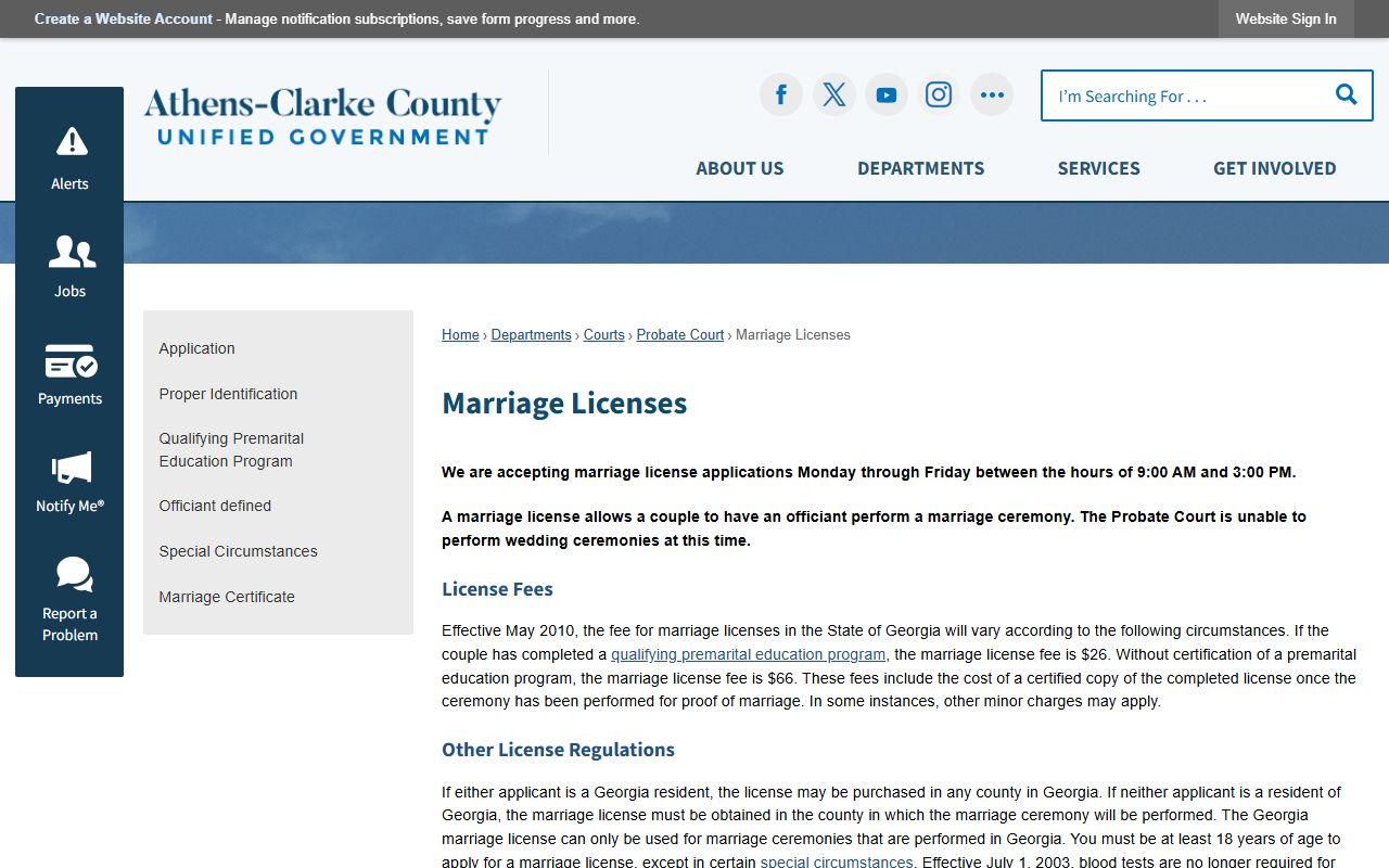 Athens-Clarke County Probate Court marriage license page for Athens marriage license