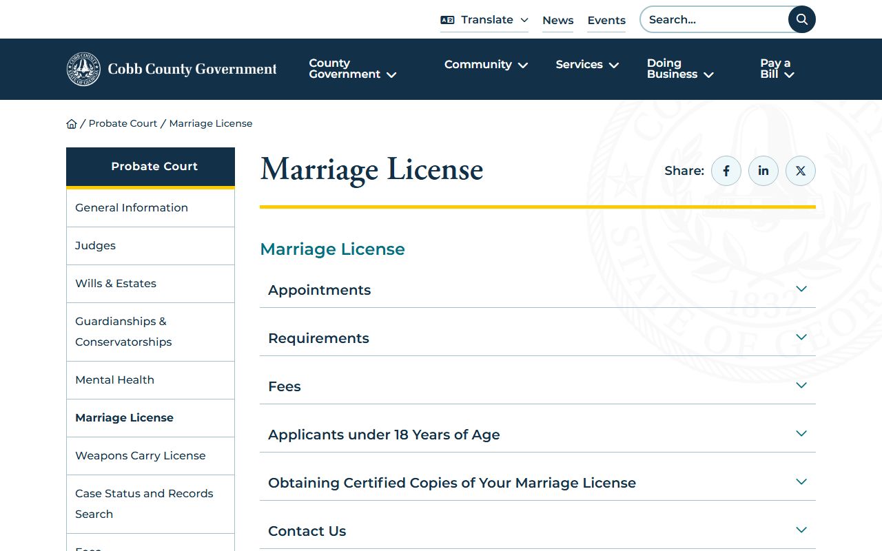 Cobb County Probate Court marriage license page for Cobb County marriage license