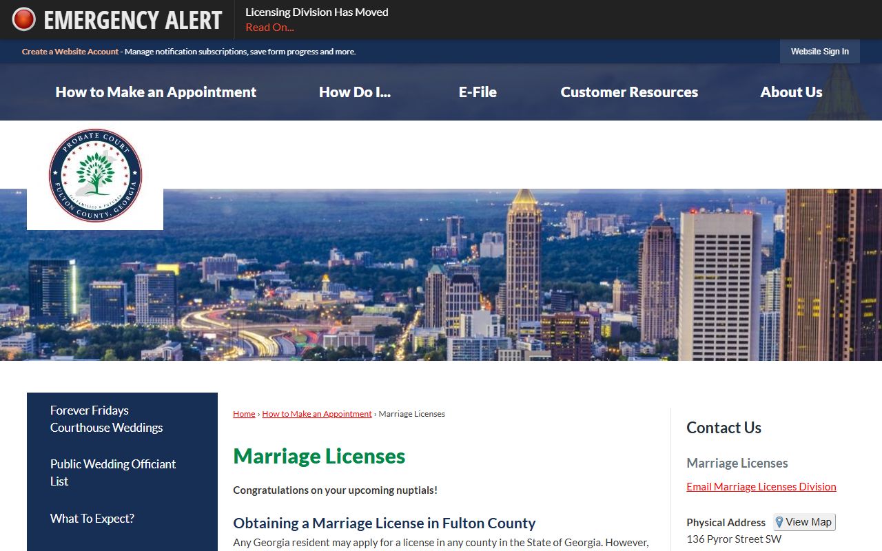 Fulton County Probate Court marriage license page for Atlanta marriage license