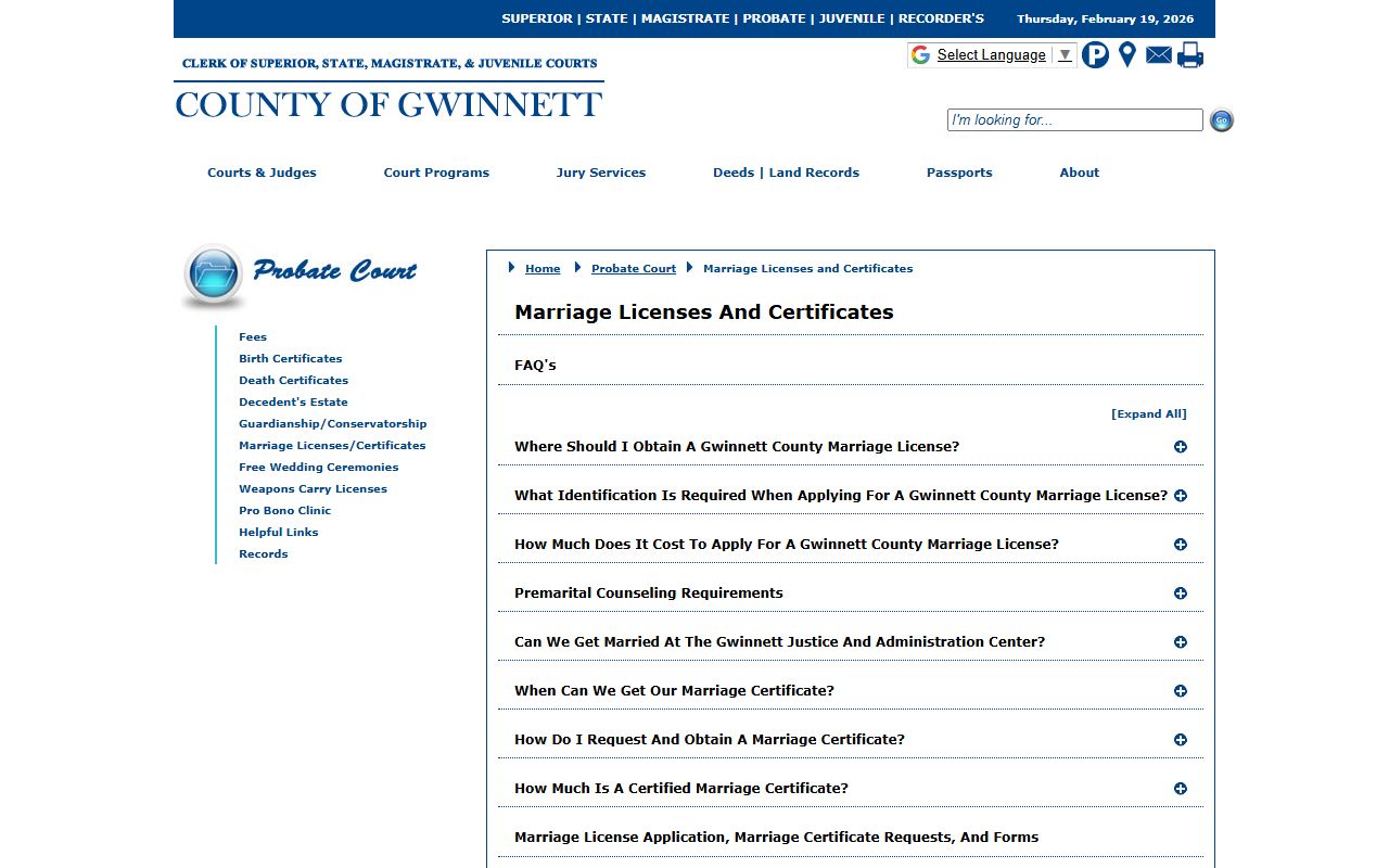 Gwinnett County Probate Court marriage license information for Gwinnett County marriage license