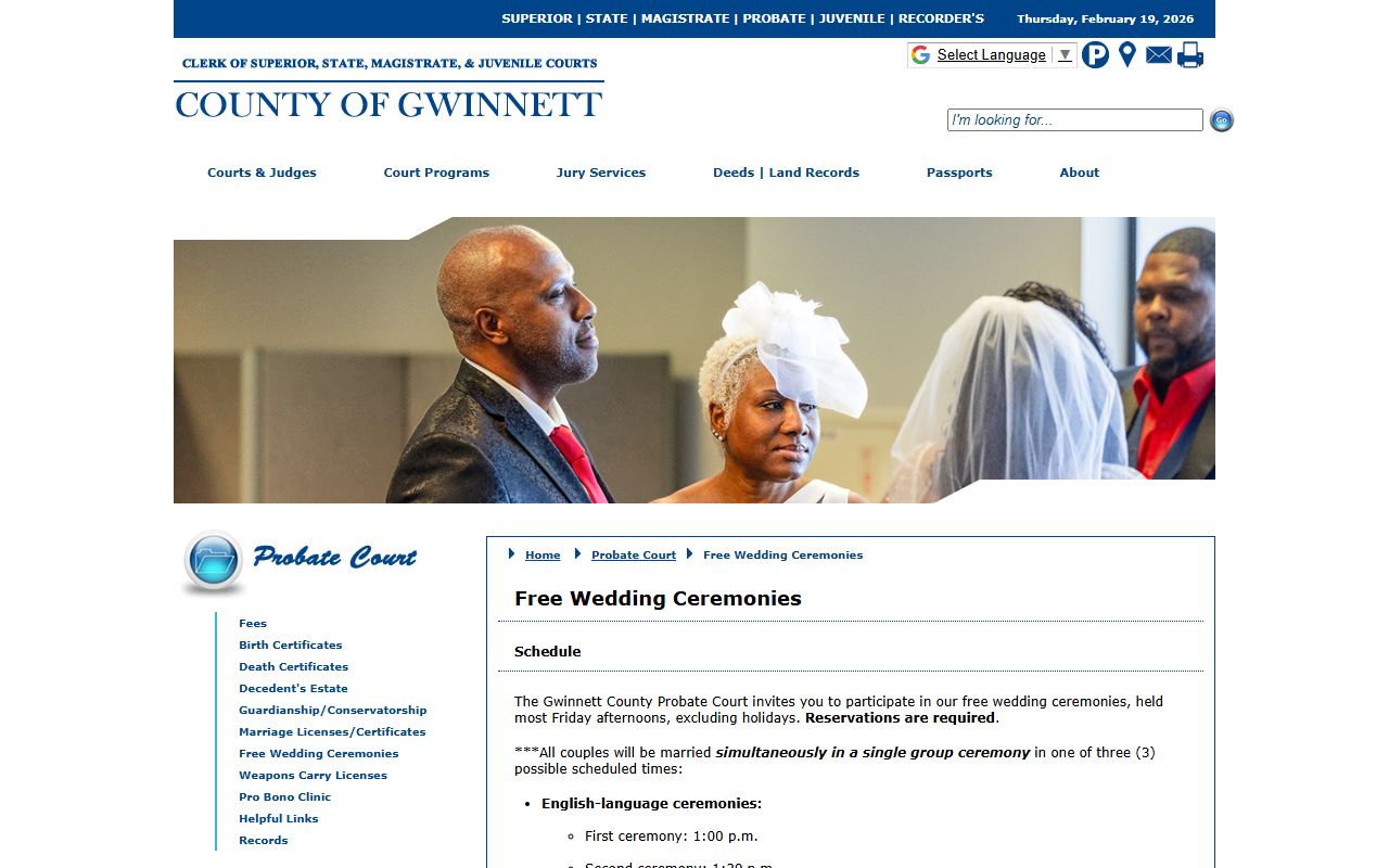 Gwinnett County free wedding ceremony schedule for Gwinnett County marriage license