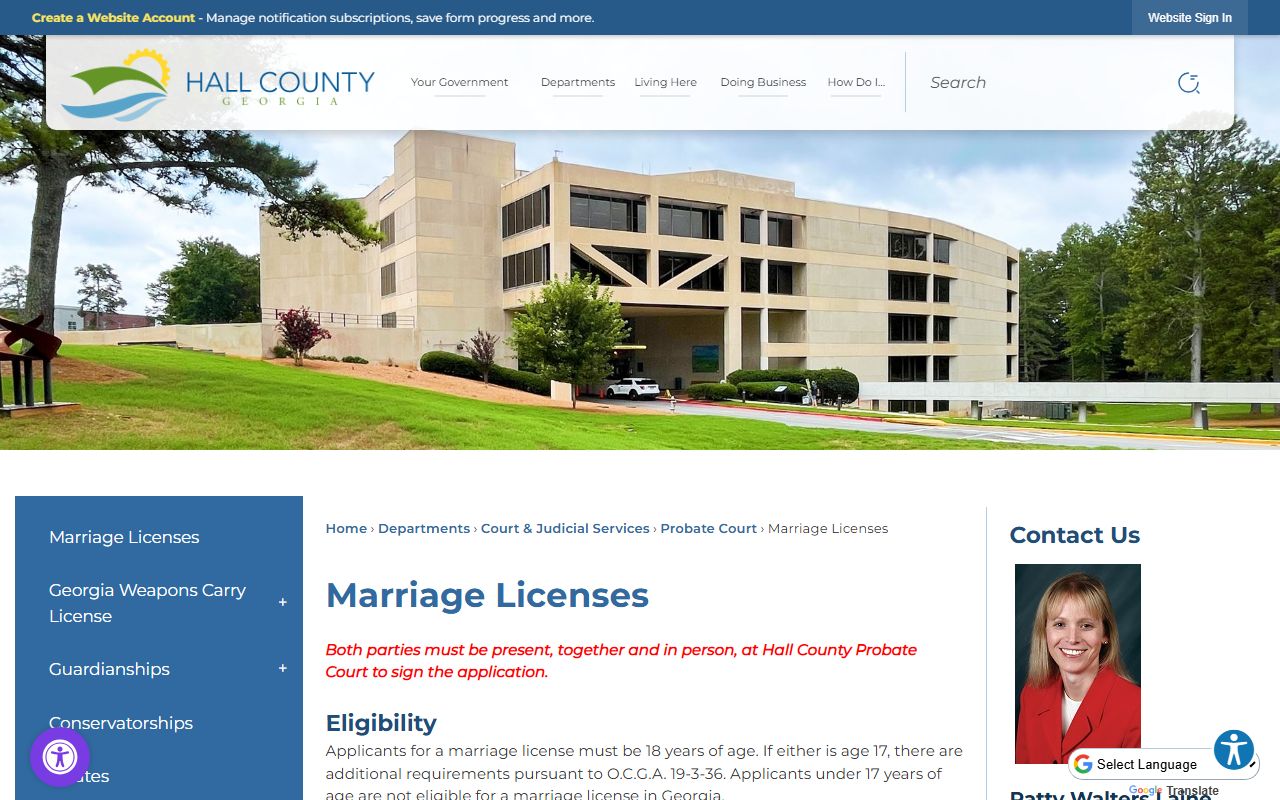 Hall County Probate Court marriage license page for Hall County marriage license
