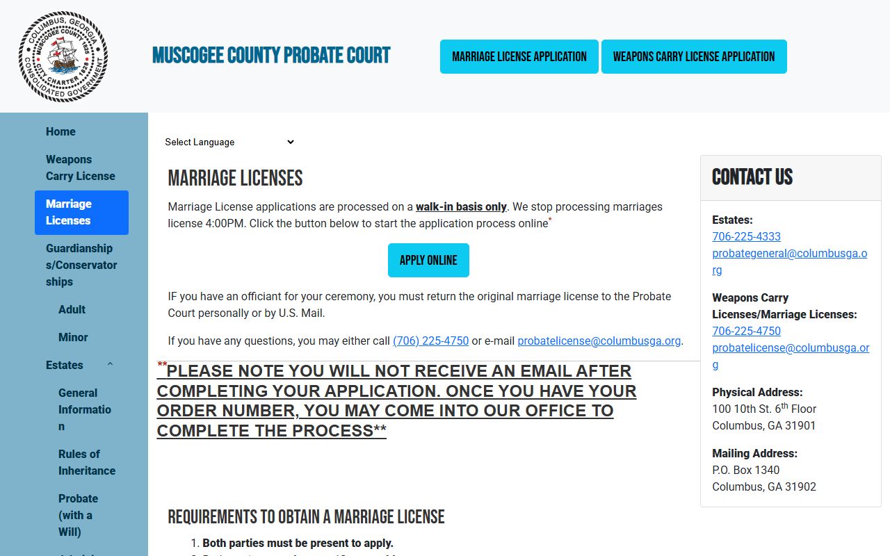 Muscogee County Probate Court marriage license information for Muscogee County marriage license