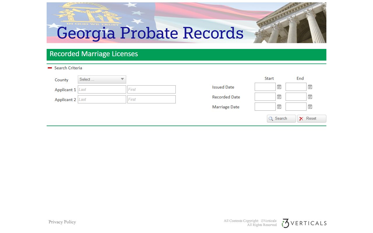 Marriage license search page on Georgia Probate Records for Georgia marriage license