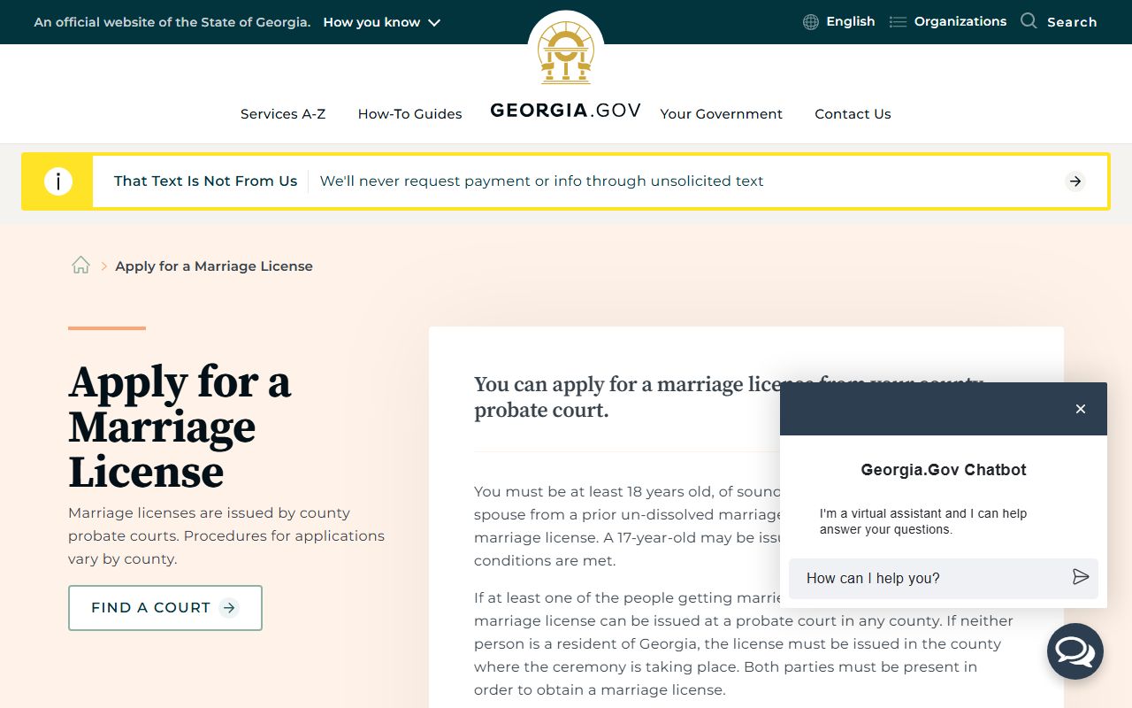 Georgia.gov marriage license information page for Georgia marriage license